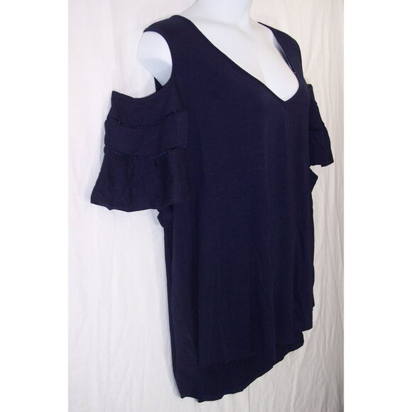 NEW Roaman's 4X 34/36 Ruffle Sleeve Top With Cold Shoulder Detail Hi Low Hem - Picture 6 of 14